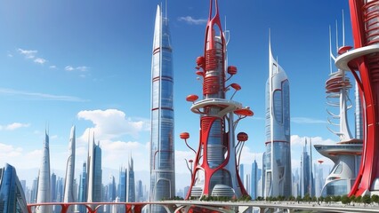 How about: "A towering cell phone mast under a sky of blue and pink clouds"?