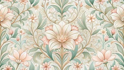 Elegant floral design featuring blooming blossoms in soft pastel colors, creating a seamless and intricate art nouveau pattern , seamless pattern, art nouveau style