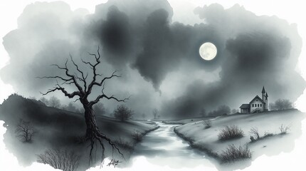 Eerie, creepy atmosphere captured in a delicate watercolor painting of a serene landscape; dark tones, unsettling details, translucent washes, fluid brushstrokes, emphasis on texture.
