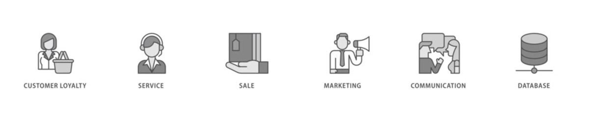 CRM icon set flow process which consists of customer loyalty, service, sale, marketing, communication, and database icon live stroke and easy to edit .