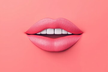 Close-up of Luscious Pink Lips with White Teeth on Pink Background