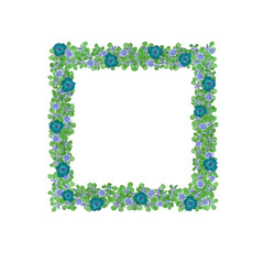 Frame with green and blue pressed flowers isolated on transparent background.