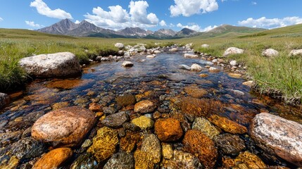 Fototapeta premium Mountain stream flows through rocks, sunny day, clear water