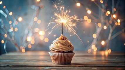 A single cupcake on a table with a small sparkler placed on top surrounded by candles and a soft light effect , party