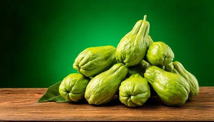 pile of chayote on the table, isolated green background, copy space