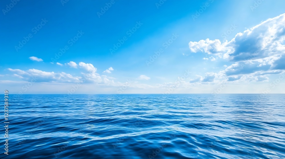 Poster expansive ocean view under a bright blue sky with fluffy clouds and infinite horizon : generative ai