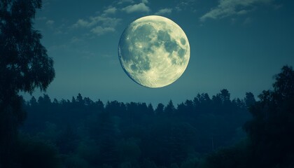 Fototapeta premium Nighttime Moon Over Silhouetted Forest Trees