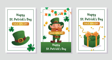 Fototapeta premium St. Patrick's Day promo sale. A hat, shamrock, leprechaun, pot of gold, gifts. Vector illustration for a poster, banner, or special offer.