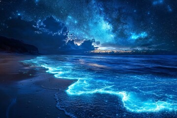 Naklejka premium A beautiful beach with shimmering waves of bioluminescent light under starry sky