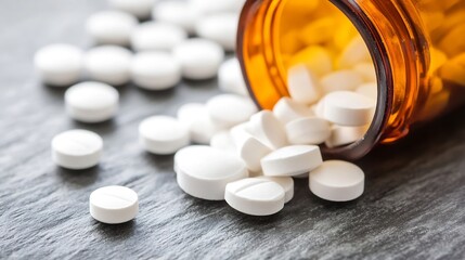 Pharmaceutical Concept With Open Bottle Of White Pills Spilling Onto Surface : Generative AI