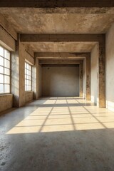 Sunlit Empty Industrial Space  Vast Concrete Room with Large Windows and High Ceilings, Showing Light and Shadow Patterns