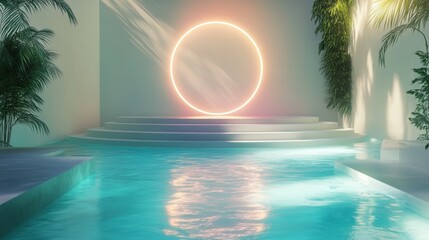 Fototapeta premium serene poolside oasis with neon circle