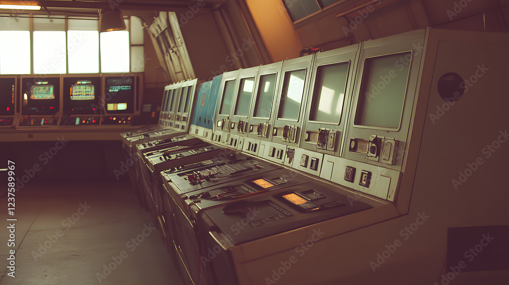 Poster a vintage control room with multiple monitors and panels, showcasing outdated technology and industr