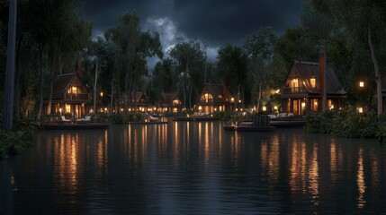 Nightfall Serenity Lakeside Cabins Illuminated