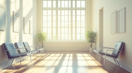 Fototapeta premium sunlit waiting room with modern chairs and artwork