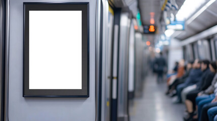 Obraz premium Digital ad display inside a metro train with passengers in the background. Ideal for showcasing branding, transit ads, or marketing campaigns in a realistic public transport setting