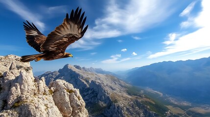 Majestic Eagle Soaring Above Rugged Mountain Landscape in Clear Blue Sky : Generative AI