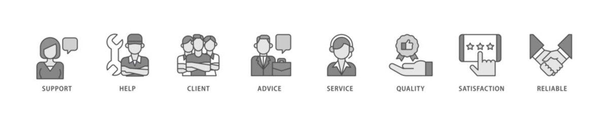 Customer care icon set flow process which consists of help, client, advice, chat, service, reliability, quality, and satisfaction icon live stroke and easy to edit .