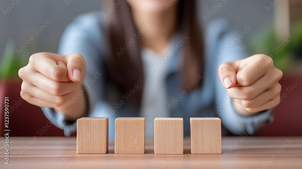 Poster a person positions wooden blocks on a table, suggesting a focus on organization or strategy in a cas