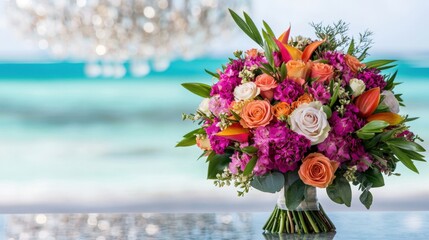 Bouquet Outdoor and Chandeliers, A vibrant bouquet of flowers featuring pink, orange, and white blooms, set against a blurred ocean background, exuding a tropical and elegant vibe.