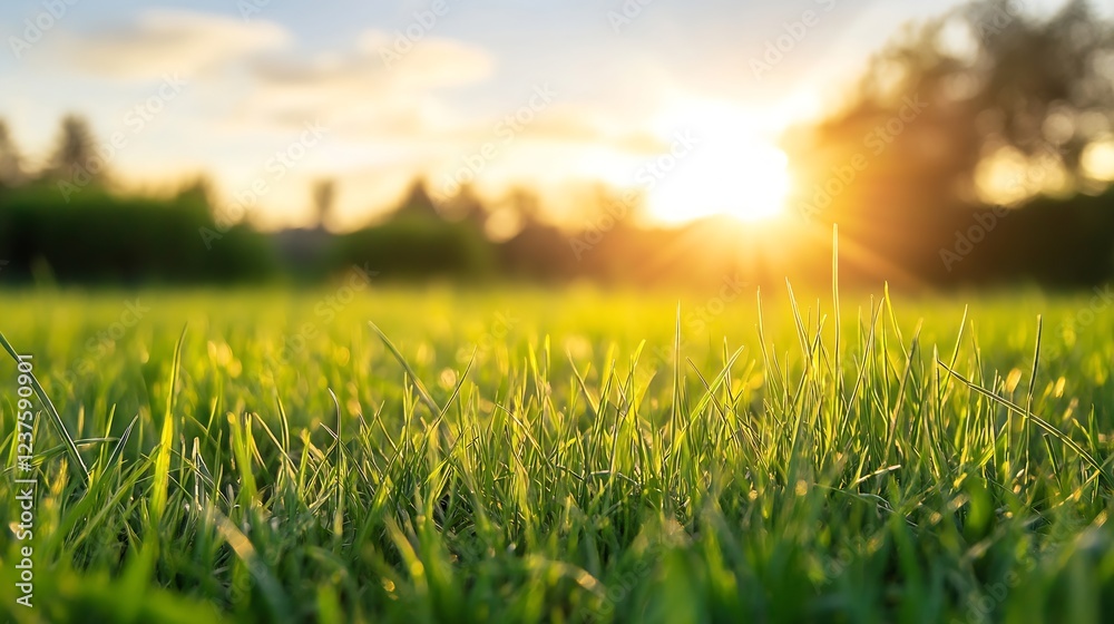 Poster closeup of green grass in a field at sunrise with bright sunlit background : generative ai