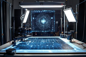 Innovative photo studio features AI-driven holography for optimal lighting adjustments.