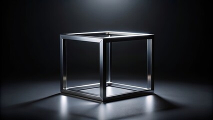 In the depths of darkness, a mysterious black cube box emerges, its presence reinforced by a metallic square frame that radiates a sense of cold sophistication, geometric, metallic