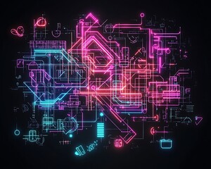 Fototapeta premium Intricate math formulas in neon colors, glowing against a clean black background