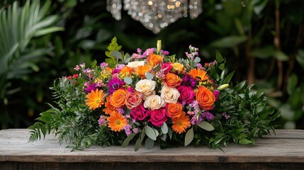 Naklejka premium Bouquet Outdoor and Chandeliers, A vibrant floral arrangement featuring roses and daisies in shades of orange, pink, and yellow, set against lush green foliage.
