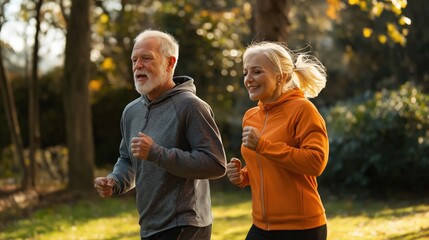 Fototapeta premium Elder couple jogging and exercising at early morning in the park 