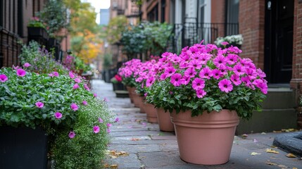 Fototapeta premium Vibrant Pink Petunias Blooming in a Charming Brick Alleyway