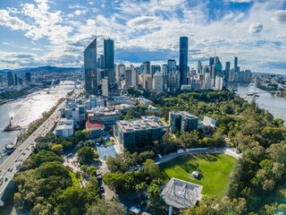 Aerial view of campus of Queensland University of Technology and Brisbane CBD in Australia
