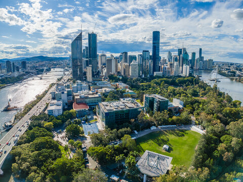 Aerial view of campus of Queensland University of Technology and Brisbane CBD in Australia