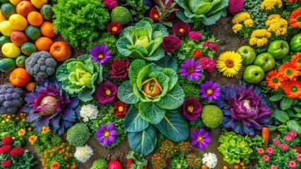 Top view of vibrant flower and vegetable garden with various colors and shapes , vegetables