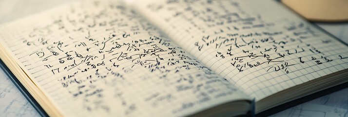 Macro detail of mathematical notations and equations written in ink on a notebook