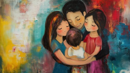 Happy family with parents and kids together with colorful background, pastel style art
