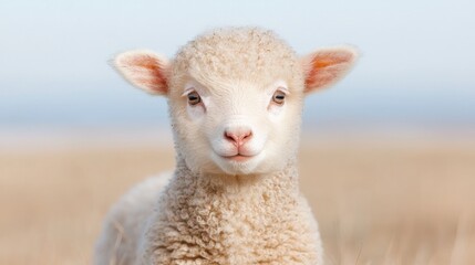 Naklejka premium Cute fluffy lamb looking directly at the camera in a sunny grassy field during daytime.