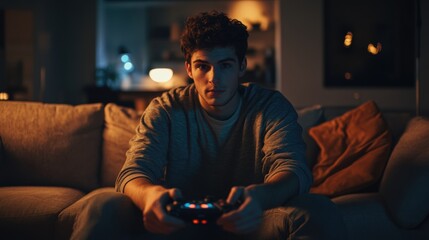young man playing video games at night on couch