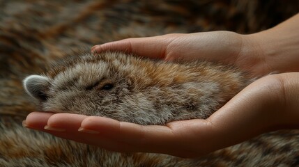 Tiny wild animal in caring hands, fur background. Wildlife rescue, conservation