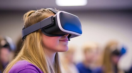 Young woman experiencing virtual reality in a classroom setting with engaged peers in the background