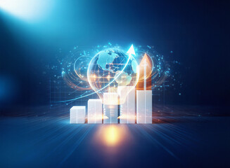 A double exposure image depicts global growth.  A glowing lightbulb-globe sits within a rising bar graph,  all set against a dark blue, tech-inspired background.  An upward-pointing arrow emphasizes p
