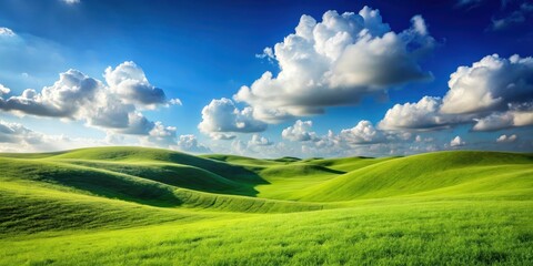 Obraz premium Rolling hills of green grass under a bright blue sky with a few white clouds scattered across the horizon , green field, blue sky