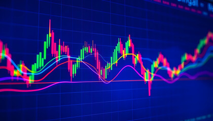 Stock market chart, candlestick graph, financial data visualization, glowing neon lines, digital display, trading analysis, green and red indicators, blue background, economic trends, market volatilit