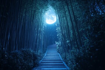 Moonlit path through enchanted bamboo forest at night