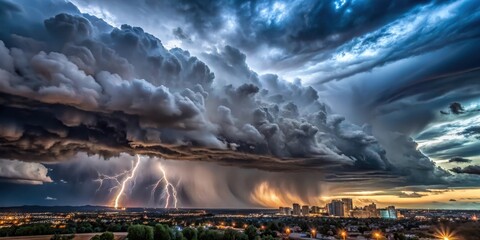 Dark Stormy Skyscape with Towering Clouds,, thunderstorm, urban canyon