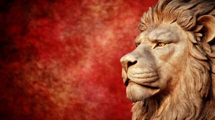 Noble Lion Head Sculpture Against Red Background