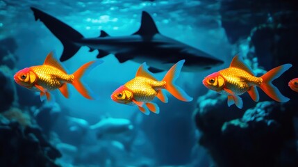 vibrant goldfish swimming in aquarium with shark in background