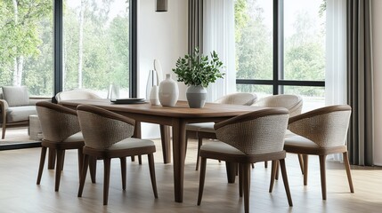 A Modern Dining Room With A Wooden Table And Woven Chairs, Bathed In Natural Light From Large Windows Overlooking A Tranquil Forest.  The Overall Vibe Is Serene And Sophisticated.