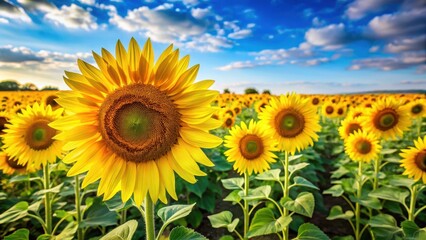 Fototapeta premium Bright sunflower fields in full bloom with vibrant yellow petals and green stems, set against a clear blue summer sky , warm weather, outdoor scene