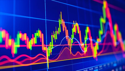 Stock market chart, candlestick graph, financial data visualization, glowing neon lines, digital display, trading analysis, green and red indicators, blue background, economic trends, market volatilit
